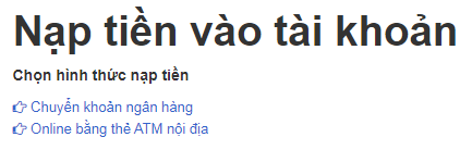 Chọn hình thức nạp tiền